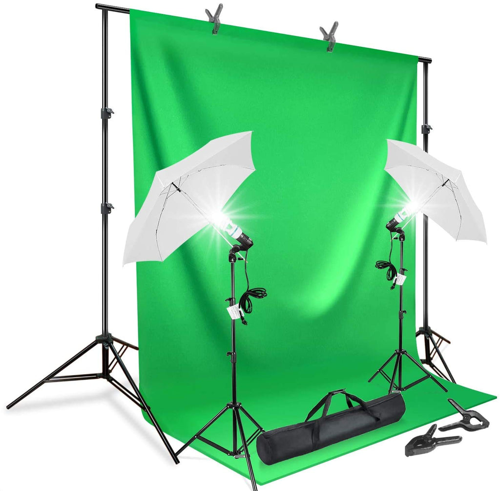 HIFFIN® Photography Continuous Umbrella Studio Light Lighting Kit with Chromakey Green Screen Photo Background Backdrop Stand Support System