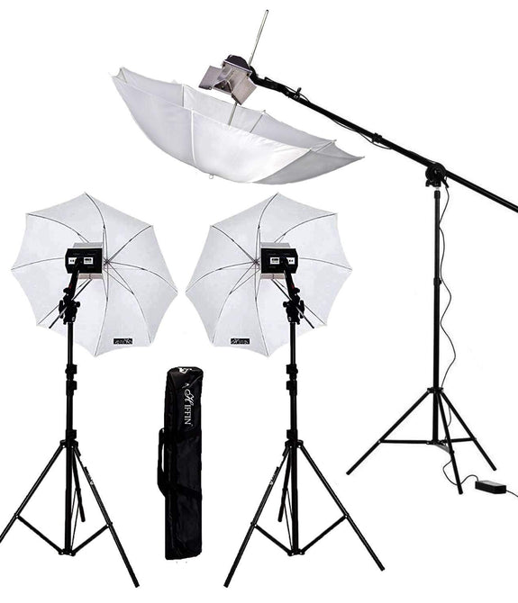 HIFFIN® Studio Home Umbrella Stand Setup with Sungun Adapter B-Bracket and 3 Point Set with Continuous/Video Light with 1000 Watt Halogen Tube (3 Point B4 Light Photography Kit)