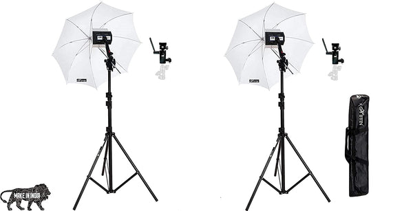 HIFFIN® Studio Home 33 Umbrella Stand Setup With Sungun Semi Heavy Bracket Umbrella Adapter B-Bracket And Stand Double Set With Continuous/Video Light With 1000 Watt Halogen Tube B4 Light Kit Set Of 2