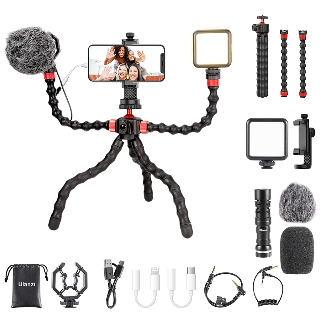 ULANZI Vlogging Kit, Smartphone Video Rig Kit with Flexible Tripod, Extension Arm, LED Light, Microphone, Phone Mount-Protable Octopus Tripod for iPhone Samsung Canon Nikon Sony Camera(Vlogging Kit)
