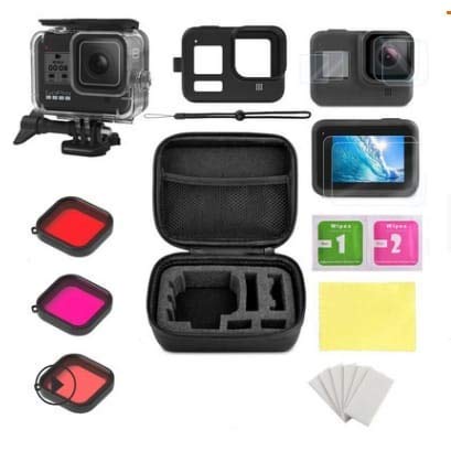 HIFFIN® HF-8 Accessories Kit for GoPro Hero 8 Black with Protective Housing + Ultra Clear Tempered Glass Screen Protector + Lens Protector + Silicone Rubber Protective Case(Black) + 3 Color Filter