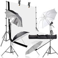 HIFFIN®Daylight Umbrella Continuous Lighting Kit, 8x14ft Background Support System with 2 Muslin backdrops (Black and White) for Photo Studio & 18 W Bulb Product, Portrait and Video Shoot Photography