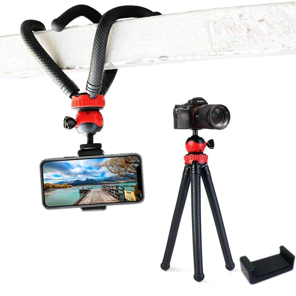 HIFFIN® 360 ° Rotatable Ball Head Flexible Gorillapod Tripod with Free Tripod Mount & Mobile Attachment for DSLR, Action Cameras & Smartphon - Black (Flexible Tripod 12 + 3 inches with Holder N)