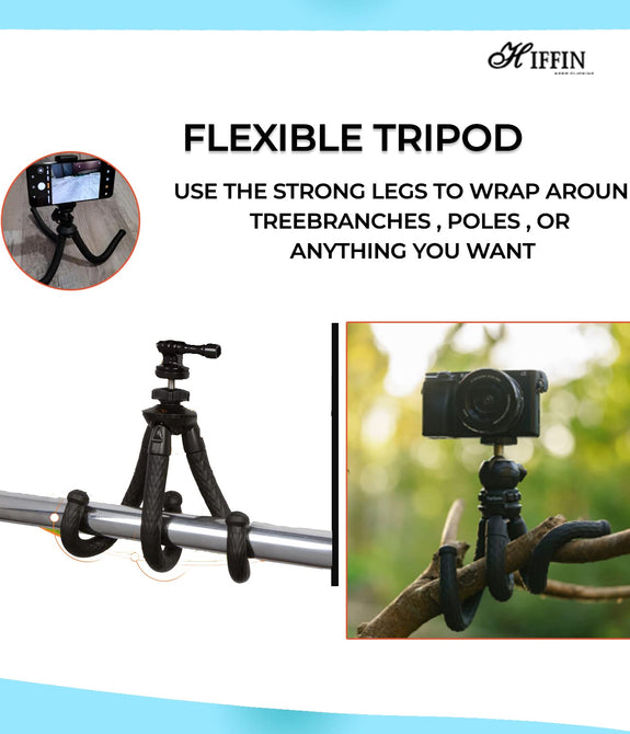 HIFFIN Flexible Gorillapod Tripod with 360° Rotating Ball Head Tripod for All DSLR Cameras(Max Load 2.5 kgs) & Mobile Phones + Free Heavy Duty Mobile Holder(Black) (12 Inch, Black)