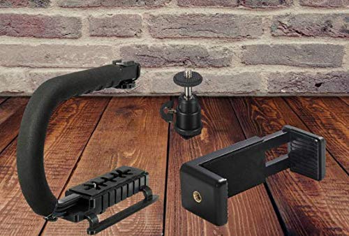 HIFFIN® 3 in 1 Universal Stabilizer C-Shape Bracket Video Handheld Grip + Ball Head hot Shoe Adapter + Mobile Phone Clip Holder for 4in1 DSLR Camera +Camcorder +Smartphone Video Rig Mount Fit