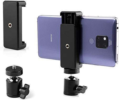 HIFFIN® Cell Phone Holder Clip and Ball Head Adapter Set for Tripod and Selfie Stick with 1/4 Screw, Universal Tripod Mount, Camera Tripod Ball Head, 360 Degree Swivel Cell Phone Tripod Mount Set