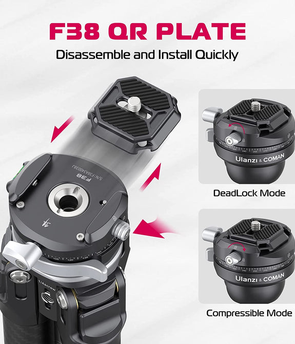 ULANZI Zero F38  Professional Camera Tripod, 62.6" Lightweight Carbon Fiber Camera Tripod with Quick Release 1/4" Screw & 360° Ballhead, for Most Cameras/DSLR/Projector, Weight 2.4lbs, Maxload 39.6lbs