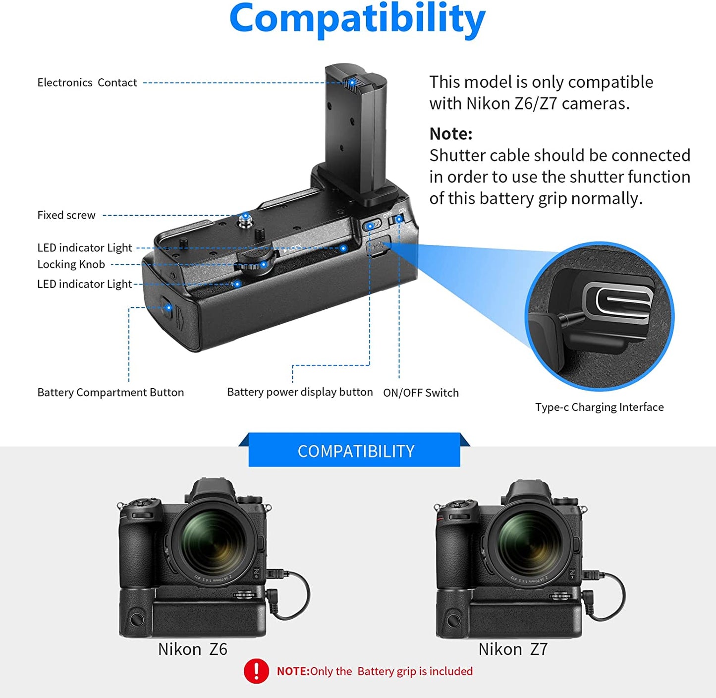 HIFFIN Camera Battery Grip Compatible with Nikon Z6 Z7 Camera, Support Vertical Shooting, Works with 1 or 2 EN-EL15b/EL15 Rechargeable Li-ion Batteries (Battery Not Included)
