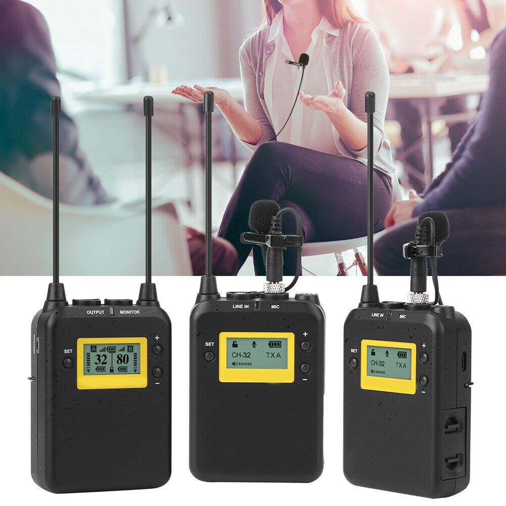 LENSGO LWM-328C Wireless Microphone System, 99-Channel UHF Professional Omnidirectional Wireless Lavalier Lapel Mic with 2 Transmitter & 1 Receiver for All Smartphone Camcorder Canon Nikon DSLR Camera