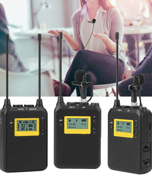 LENSGO LWM-328C Wireless Microphone System, 99-Channel UHF Professional Omnidirectional Wireless Lavalier Lapel Mic with 2 Transmitter & 1 Receiver for All Smartphone Camcorder Canon Nikon DSLR Camera