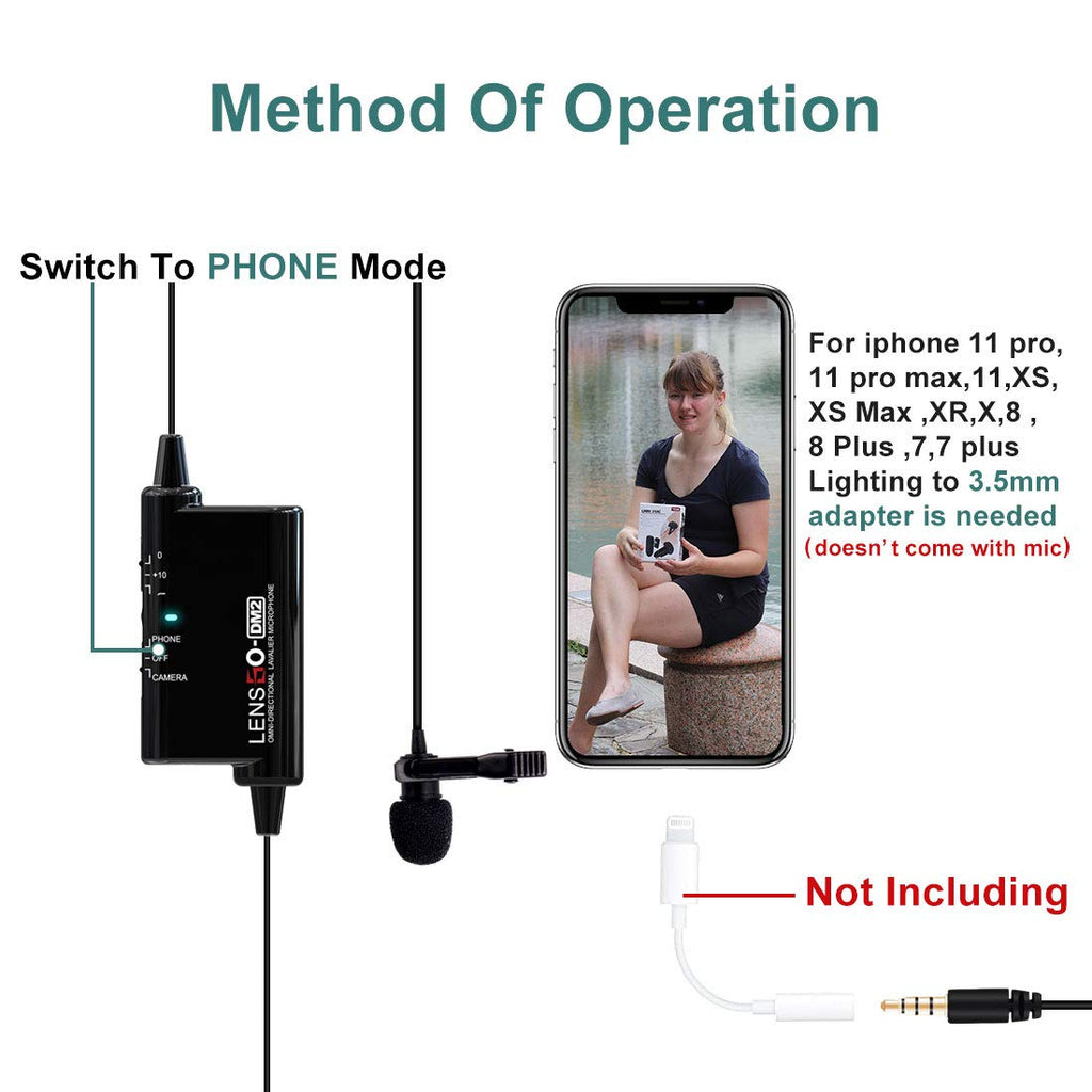 LENSGO Professional Lavalier Mic SLR 120 Hours Battery Life Camera Phone Recording Live Interview VLOG Wired Recording Studio Lapel Microphone (LYM-DM2)
