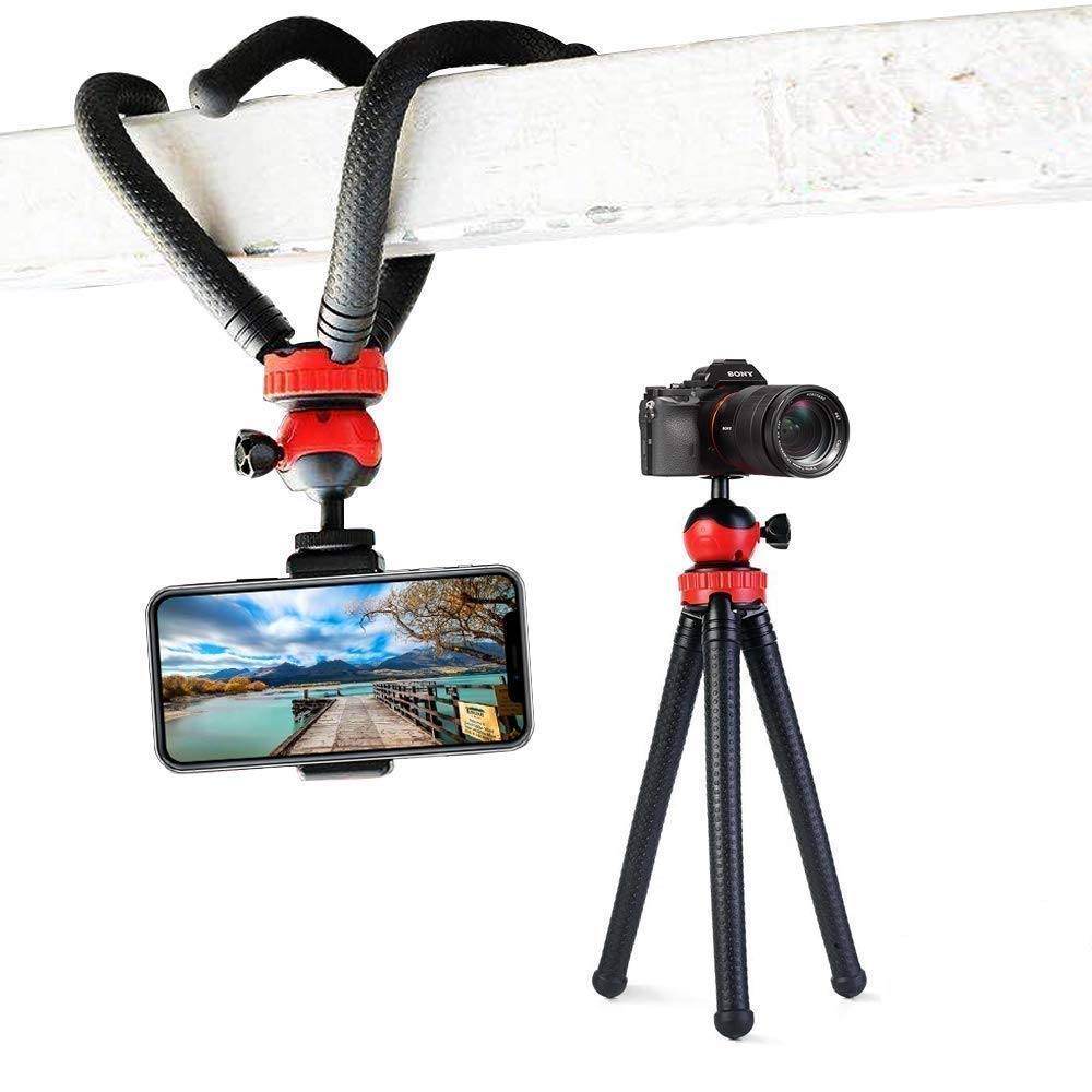 HIFFIN 12 Inches Height Flexible Gorillapod Tripod with 360° Rotating Ball Head Tripod for All DSLR Cameras(Max Load 1.5 kgs) & Mobile Phones (Black/Red) with Triopod Holder
