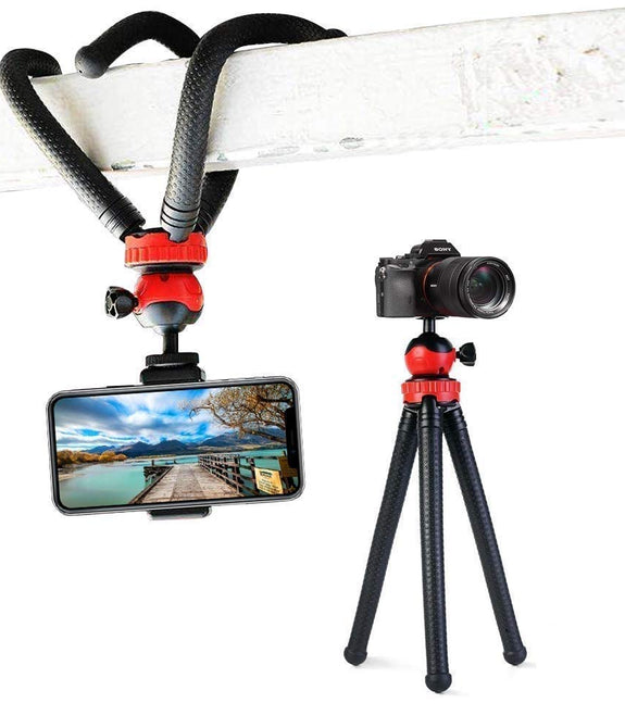 HIFFIN 12 Inches Height Flexible Gorillapod Tripod with 360° Rotating Ball Head Tripod for All DSLR Cameras(Max Load 1.5 kgs) & Mobile Phones (Black/Red) with Triopod Holder