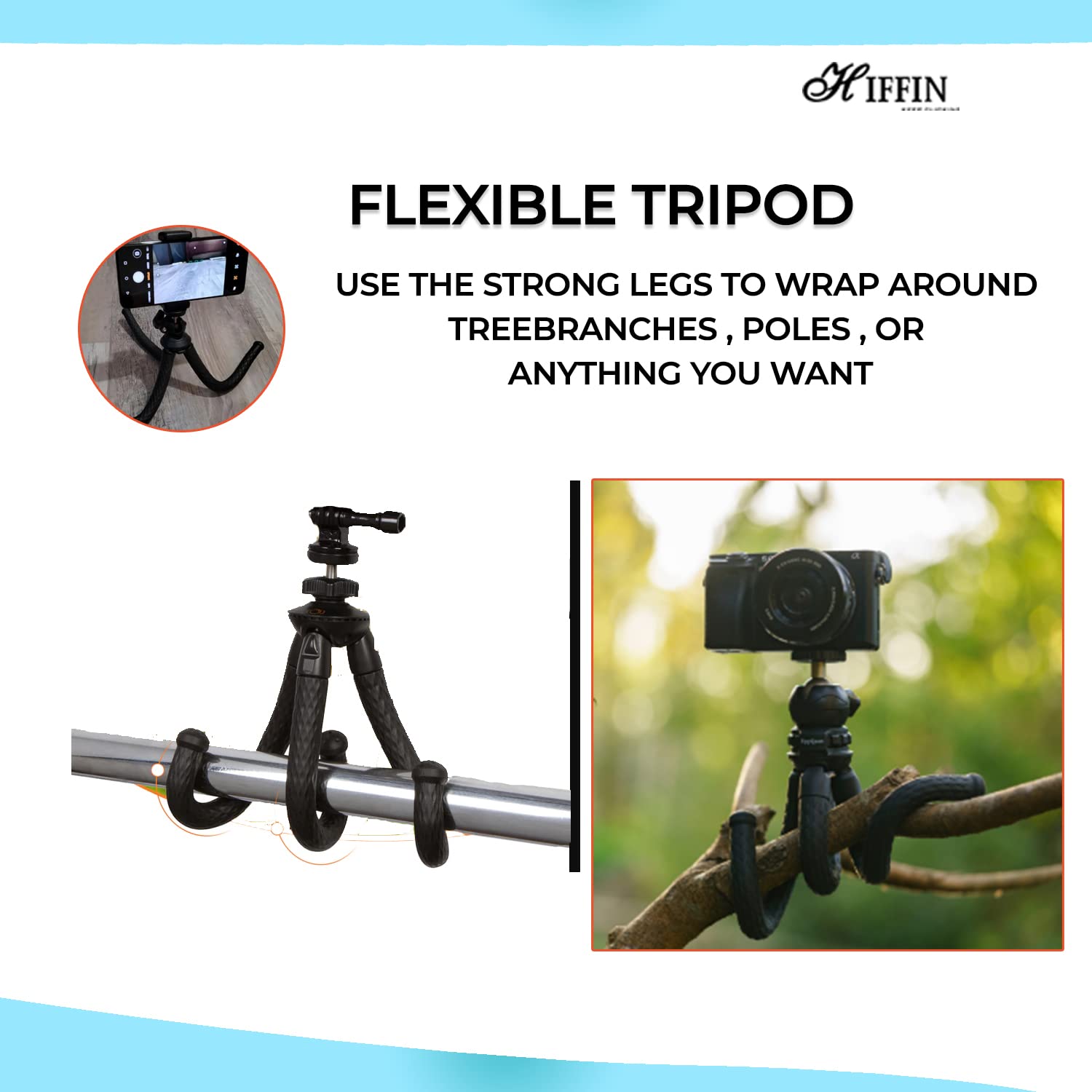 HIFFIN Flexible Gorillapod Tripod with 360° Rotating Ball Head Tripod