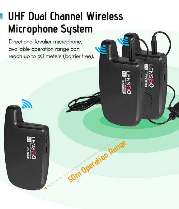 LENSGO LWM-308C Dual-Channels Lavalier Wireless Microphone - 2 Transmitter & 1 Receiver 50 Meter Range 8 Hour Battery for DSLR Camera Smartphones Gimbal Video Vlog Interview Clip-on Lapel Mic (2 TX & 1 RX)