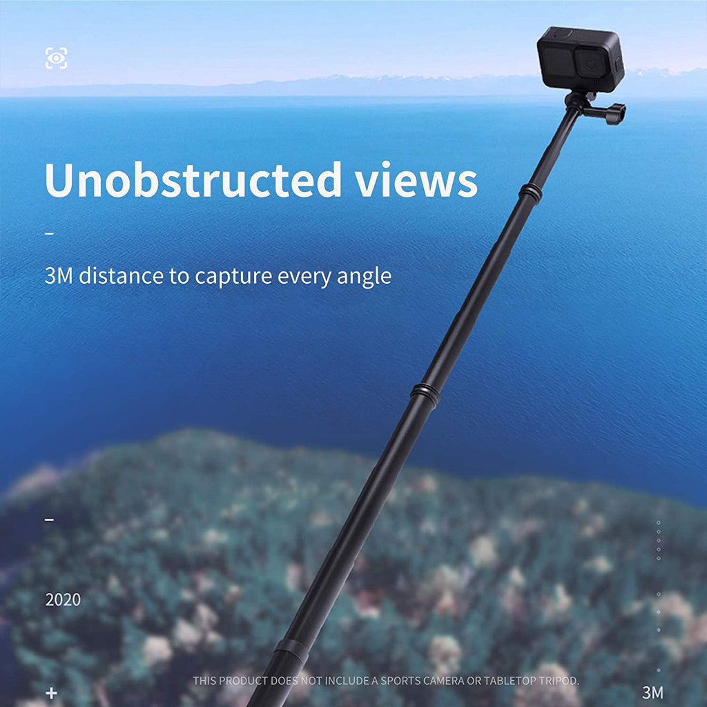 TELESIN 118"/3 Meters Ultra Long Selfie Stick for GoPro Max Hero 9 8 7 6 5 4 3+, Insta 360 One R One X, DJI Osmo Action, Extendable at 6 Lengths Carbon Fiber Lightweight Pole Monopod