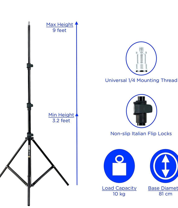 HIFFIN® Light Stand Kit - 9 feet (2 Light Stands) Metal Colour Black 9 feet, Portable & Foldable, Indoor & Outdoor Shoot, Heavy Duty, Photography & Videography