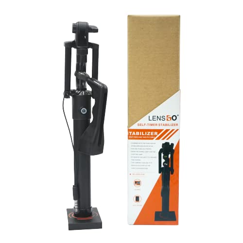 Lens GO Monopod Selfie Stick with Hand Stabilizer for Mobile Phone & Go Pro for clicking Photos & Making Video with Attached AUX Cable | for iPhone and Android Mobile Phones | Black