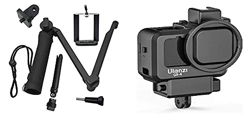 HIFFIN® Combo for GO PRO 9 3-Way Monopod Grip Arm Tripod Foldable Selfie Stick with Housing Cage for Go pro 9, Ulanzi G9-4 Housing Cage Protective Case...