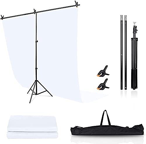 HIFFIN® White Screen Backdrop 6x10 ft with Stand  6x9FT Photography Backdrop with 1PC 6.5FT T-Shape Backdrop Stands, 2PCs Spring Clamps, 1PCs Carry Bag