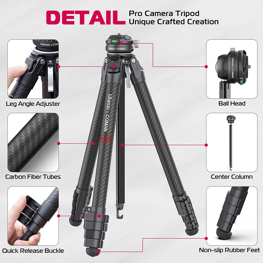 ULANZI Zero Y Professional Camera Tripod, 62.6" Lightweight Carbon Fiber Camera Tripod with Quick Release 1/4" Screw & 360° Ballhead, for Most Cameras/DSLR/Projector, Weight 2.4lbs, Maxload 39.6lbs