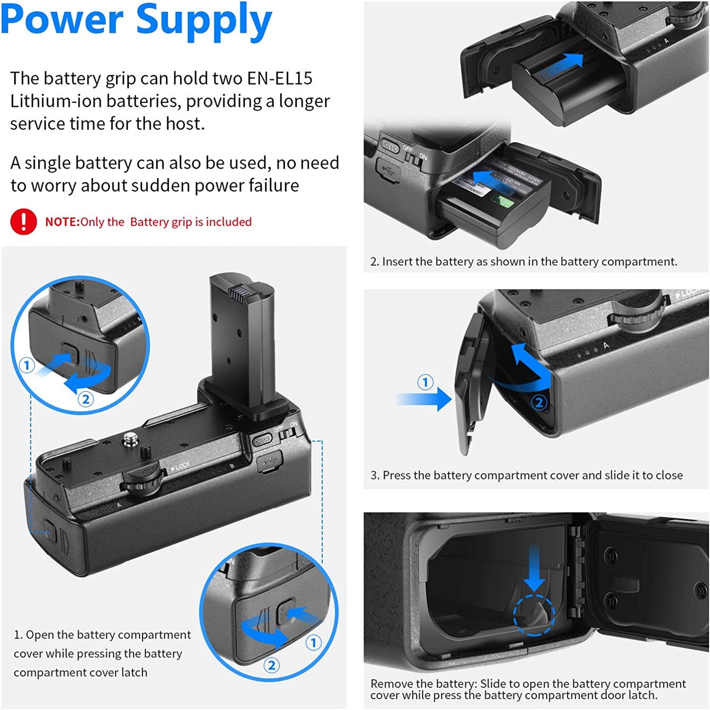HIFFIN Camera Battery Grip Compatible with Nikon Z6 Z7 Camera, Support Vertical Shooting, Works with 1 or 2 EN-EL15b/EL15 Rechargeable Li-ion Batteries (Battery Not Included)
