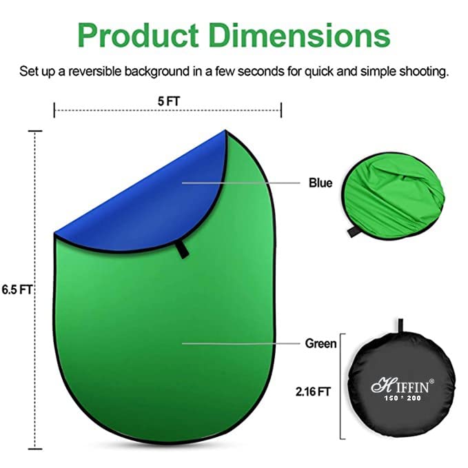 HIFFIN® 2-in-1 Green|Blue 150CM X 200CM Photo Video Studio Collapsible Background Panel, Full Cotton Photography Background with Carrying Case (Green/Blue)
