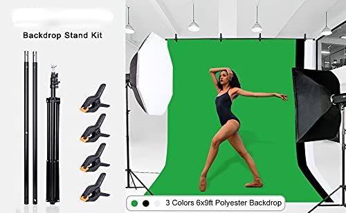 HIFFIN® Green Screen Backdrop 6x9 ft with Stand - 3 Packs 6x9FT Photography Backdrop (Black/Green/White Backdrop) with 1PC 6.5FT T-Shape Backdrop Stands, 4PCs Spring Clamps, 1PCs Carry Bag, 1PC