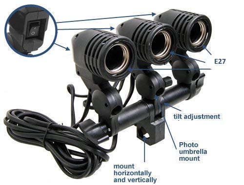 HIFFIN® Photography Studio Swivel 3 Lamp Bulb Holder E27 Socket Flash Swivel Adapter for Photo Video Studio Softbox Video Light - Black