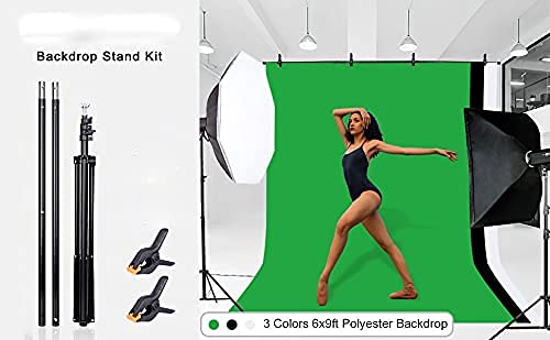 HIFFIN®Green Screen Backdrop 6x10 ft with Stand 6x9FT Photography Backdrop (Black/Green/White Backdrop) with 1PC 6.5FT T-Shape Backdrop Stands, 2PCs Spring Clamps, 1PCs Carry Bag, 1PC
