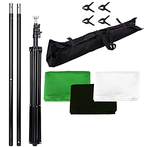 HIFFIN® Green Screen Backdrop 6x9 ft with Stand - 3 Packs 6x9FT Photography Backdrop (Black/Green/White Backdrop) with 1PC 6.5FT T-Shape Backdrop Stands, 4PCs Spring Clamps, 1PCs Carry Bag, 1PC