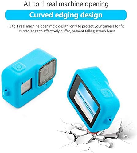 HIFFIN® Silicone Lanyard Sleeve Protective Cover + 2 PCS Tempered Glass Screen Guard with Silicone Lens Cover Compatible with Go Pro Hero 8 Blue Action Camera Accessories (Blue + Screen Guard)