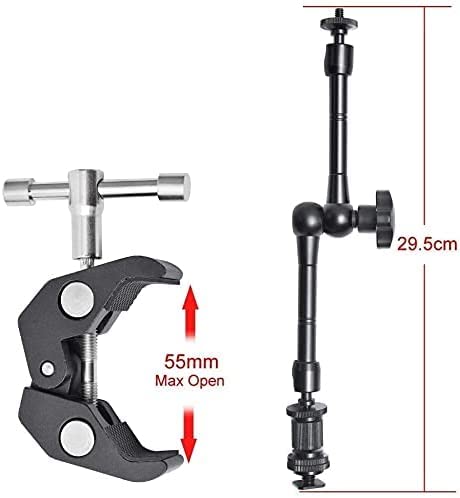 HIFFIN® 11inch Adjustable Articulating Friction Magic Arm & Large Super Clamp for Camera Rig, LCD Monitor, LED Flash Lights (11 inch Magic arm+clamp)