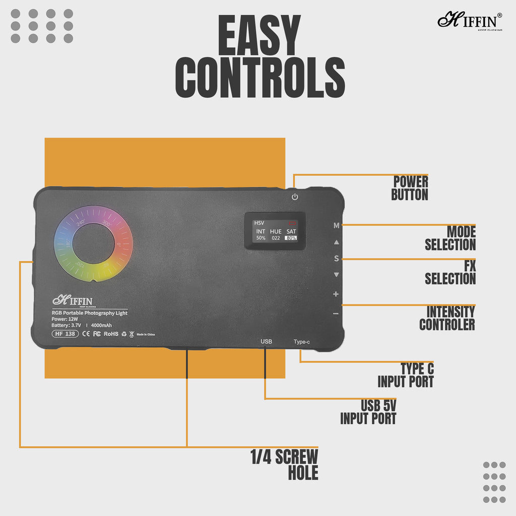 HIFFIN HF-138 Portable Pocket RGB LED 12w Video Light | 4000 MaH Inbuilt Battery | 2500K-9000K Full Color 20 Lighting Effect Modes Ultra Bright Camera Lighting for Vlogging