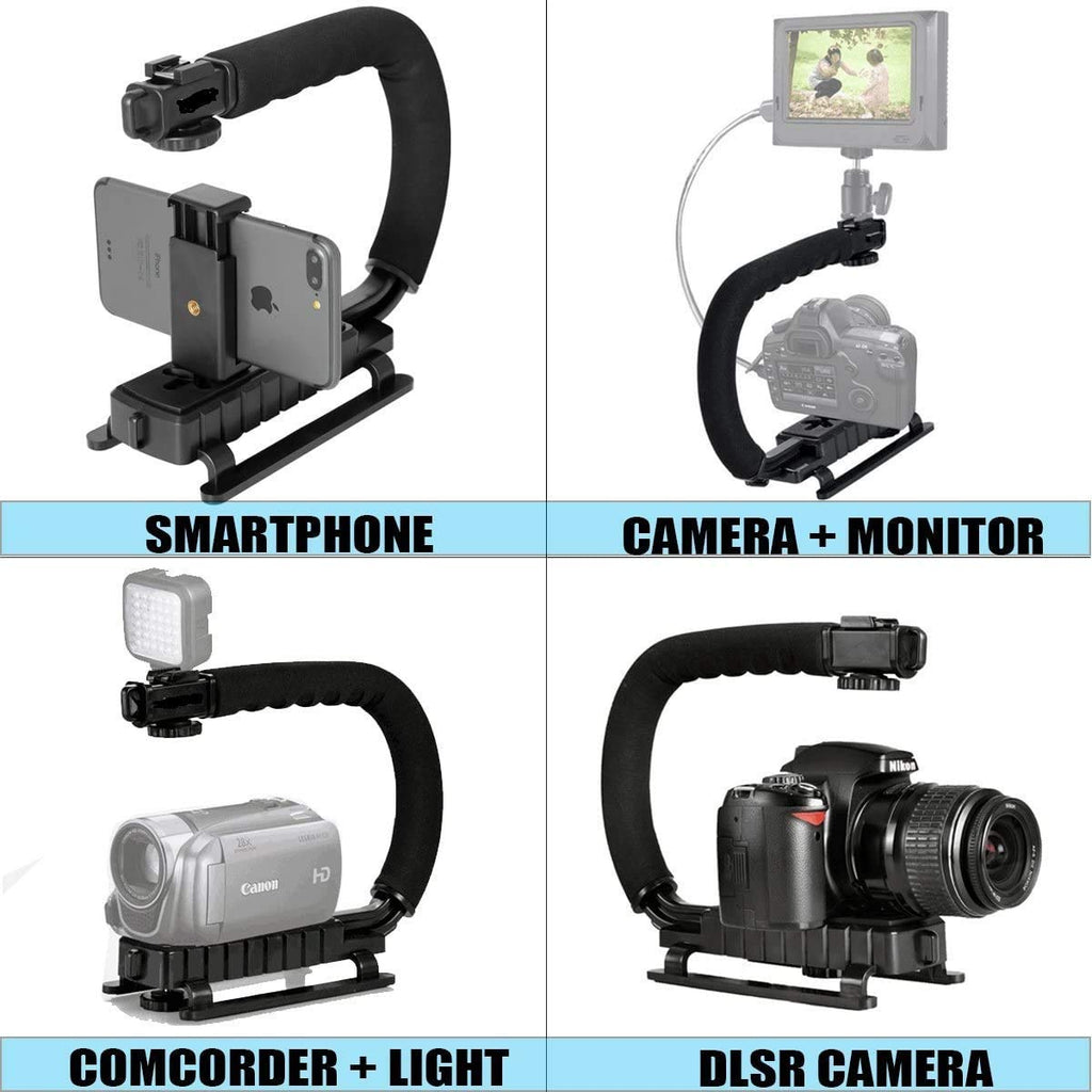 HIFFIN® 3 in 1 Universal Stabilizer C-Shape Bracket Video Handheld Grip + Ball Head hot Shoe Adapter + Mobile Phone Clip Holder for 4in1 DSLR Camera +Camcorder +Smartphone Video Rig Mount Fit