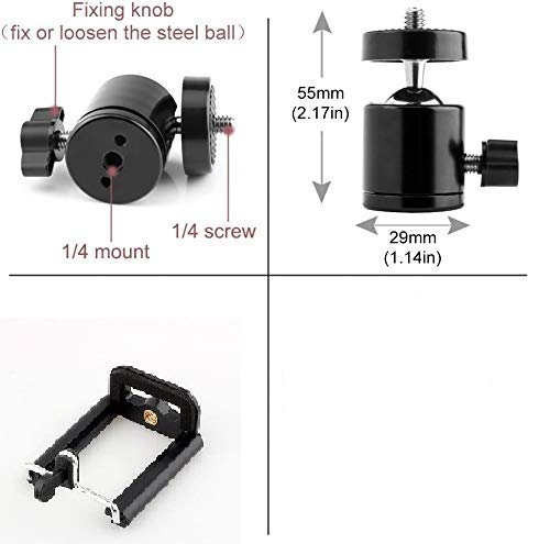 HIFFIN® Cell Phone Holder Clip and Ball Head Adapter Set for Tripod and Selfie Stick with 1/4 Screw, Universal Tripod Mount, Camera Tripod Ball Head, 360 Degree Swivel Cell Phone