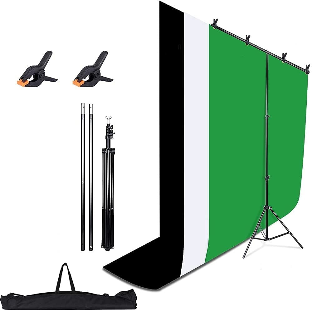 HIFFIN®Green Screen Backdrop 6x10 ft with Stand 6x9FT Photography Backdrop (Black/Green/White Backdrop) with 1PC 6.5FT T-Shape Backdrop Stands, 2PCs Spring Clamps, 1PCs Carry Bag, 1PC