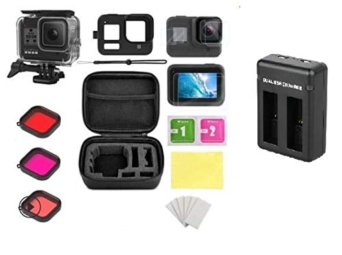 HIFFIN® Accessories Kit for Gopro Hero 9 Black Waterproof Housing Case + 3 Lens Filters + Waterproof Carrying Case + Silicone Case + Tempered Glass Bundle & Charger for GoPro Hero 9 AVS11