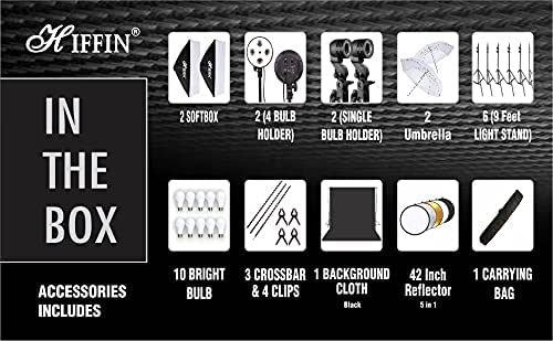HIFFIN® Lighting Kit Adjustable Max Size 8x14ft Background Support System 1 Black Color Backdrop Fabric Photo Studio Softbox Sets Continuous Umbrella Light Stand with Portable Bag