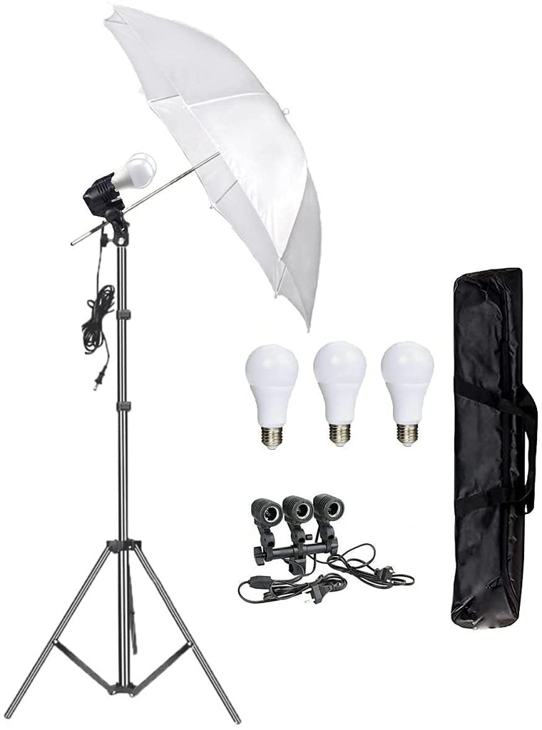 HIFFIN® E27 Studio Triple Holder KIT Mark I Umbrella White + Studio Light Stand 9 FT+ Umbrella and Bulb Holder Kit (1 Triple Holder,1 Light Stand 9FT,1 Umbrella, 3 20 W LED Bulb 1 Bag)