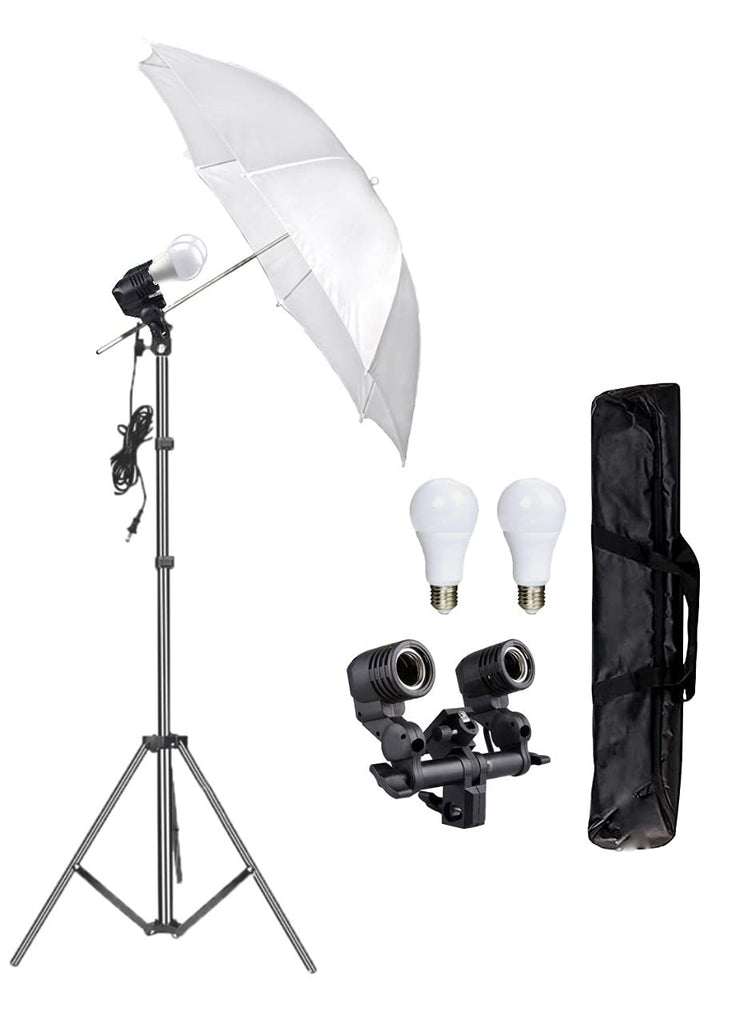 HIFFIN E27 STUDIO DOUBLE  HOLDER KIT UMBRELLA WHITE + STUDIO LIGHT STAND 9 FT+ UMBRELLA AND BULB HOLDER KIT SET OF 1 (1 SINGLE HOLDER,1 LIGHT STAND 9FT,1 UMBRELLA, 1 18 WT LED BLUB)