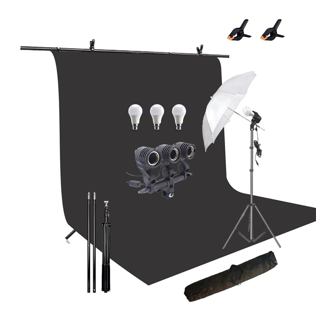HIFFIN® Black Screen Backdrop 6x10 ft with 9 ft Stand - 6x9 ft Photography Backdrop with 2 Pcs Clamps, 1PCs Carry Bag (T Shape Kit C2 C1 Black & Triple Holder Kit M1)