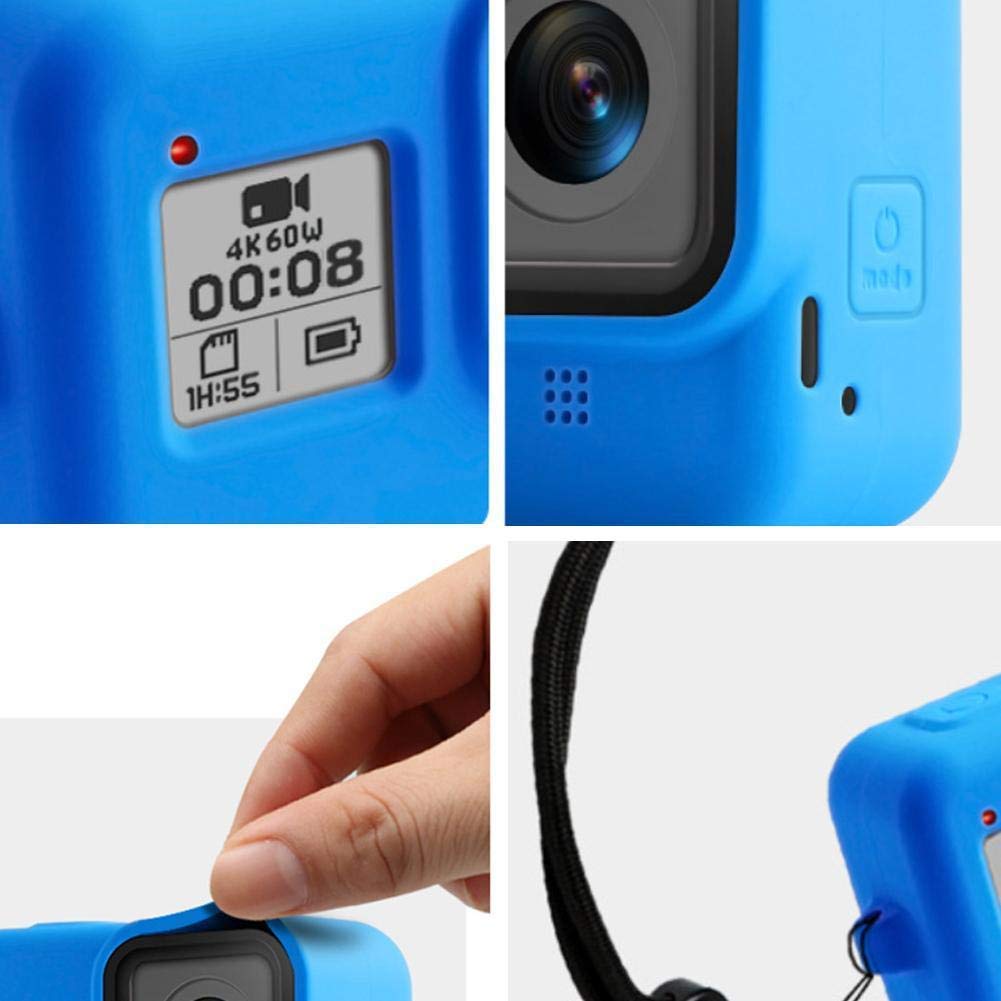 HIFFIN® Silicone Lanyard Sleeve Protective Cover + 2 PCS Tempered Glass Screen Guard with Silicone Lens Cover Compatible with Go Pro Hero 8 Blue Action Camera Accessories (Blue + Screen Guard)