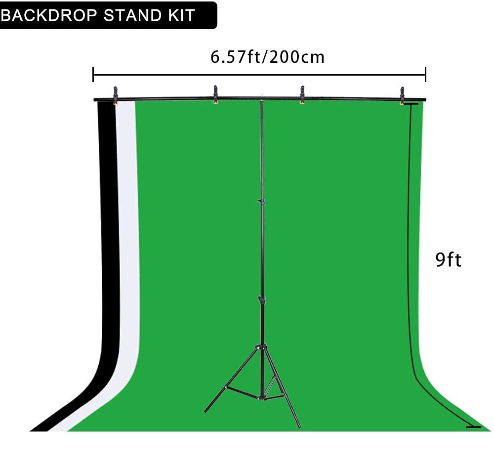 HIFFIN® Green Screen Backdrop 6x9 ft with Stand - 3 Packs 6x9FT Photography Backdrop (Black/Green/White Backdrop) with 1PC 6.5FT T-Shape Backdrop Stands, 4PCs Spring Clamps, 1PCs Carry Bag, 1PC