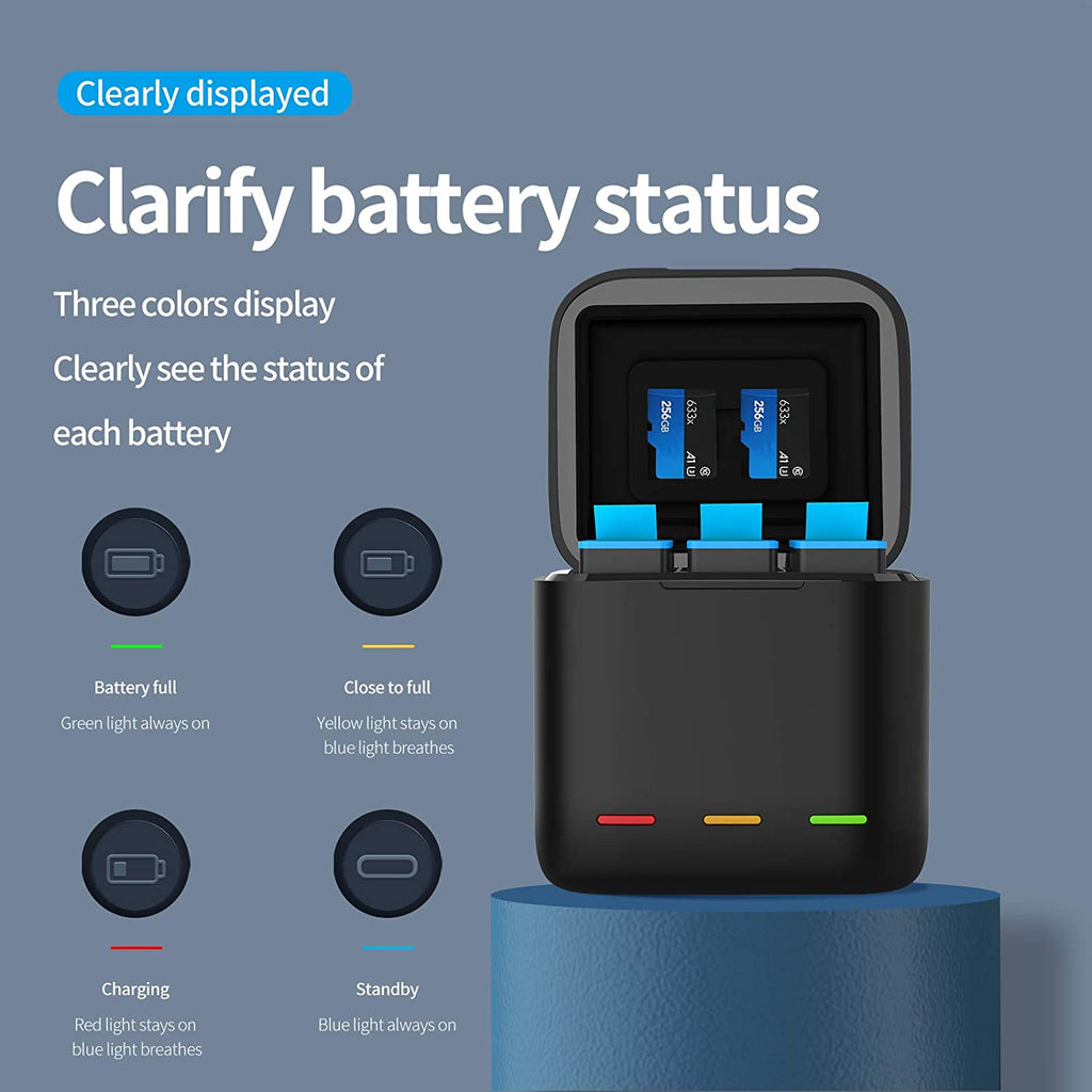 TELESIN Battery Charger 3-Channel USB Battery Quick Charger with Type-C Cord for GoPro Hero 10/9 Black, Batteries Storage Carrying Case Fully Compatible with Original Go Pro 9 10 Camera (Only Charger)