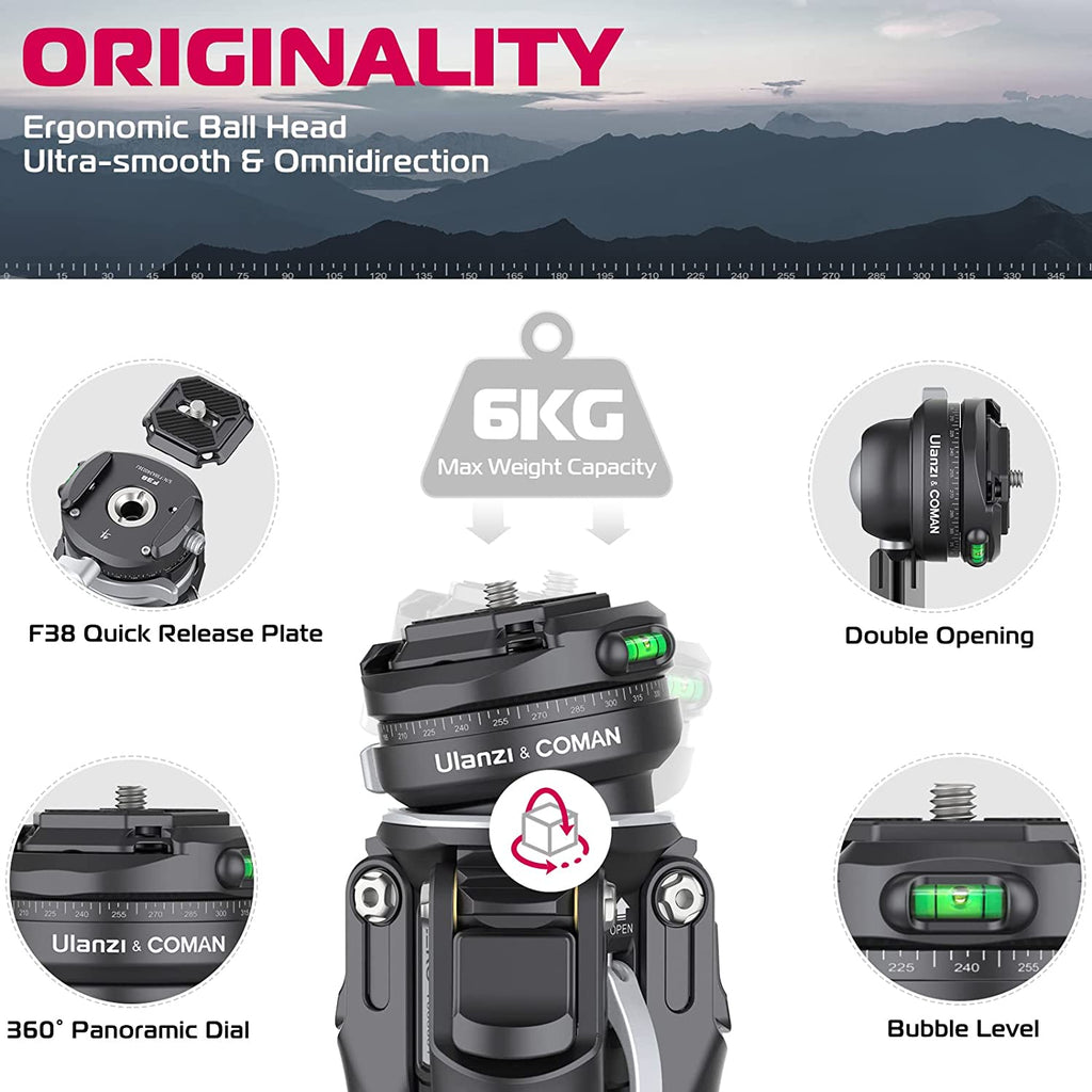 ULANZI Zero Y Professional Camera Tripod, 62.6" Lightweight Carbon Fiber Camera Tripod with Quick Release 1/4" Screw & 360° Ballhead, for Most Cameras/DSLR/Projector, Weight 2.4lbs, Maxload 39.6lbs