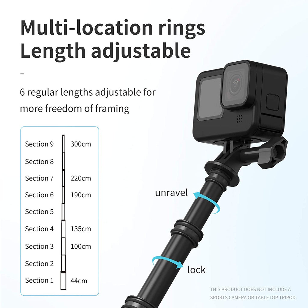 TELESIN 118"/3 Meters Ultra Long Selfie Stick for GoPro Max Hero 9 8 7 6 5 4 3+, Insta 360 One R One X, DJI Osmo Action, Extendable at 6 Lengths Carbon Fiber Lightweight Pole Monopod