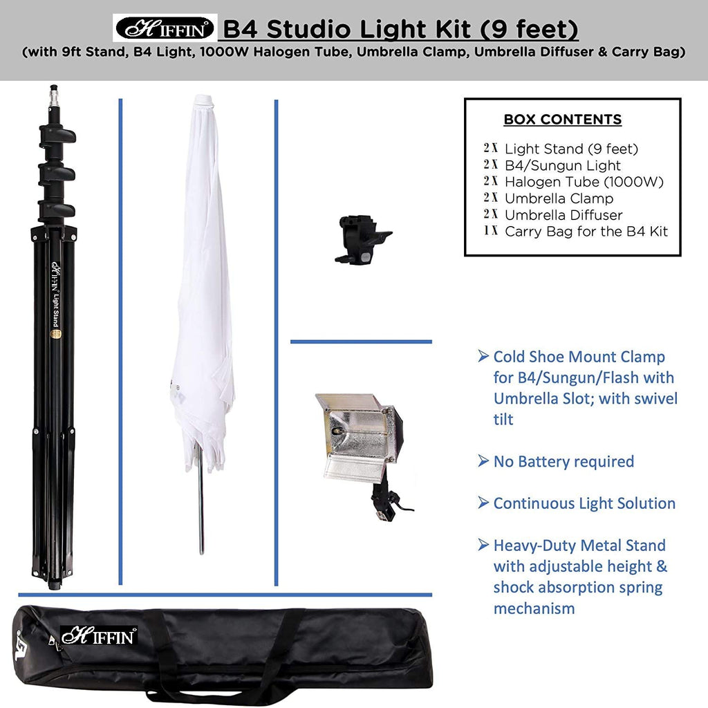 HIFFIN® Studio Home 33 Umbrella Stand Setup with Sungun Pro Bracket Umbrella Adapter B-Bracket and Stand Double Set with Continuous/Video Light with 1000 Watt Halogen Tube B4 Light kit Set of 2