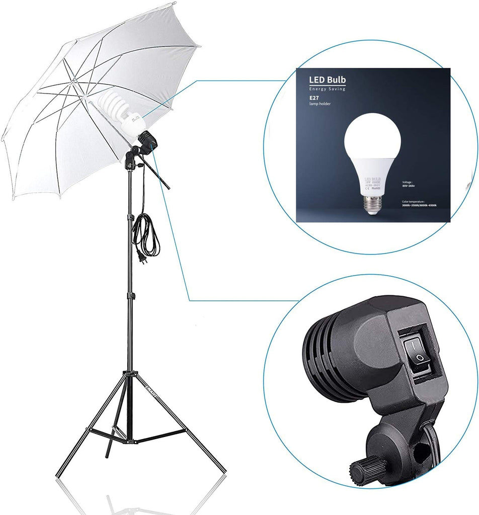 HIFFIN®Daylight Umbrella Continuous Lighting Kit, 8x14ft Background Support System with 2 Muslin backdrops (Black and White) for Photo Studio & 18 W Bulb Product, Portrait and Video Shoot Photography