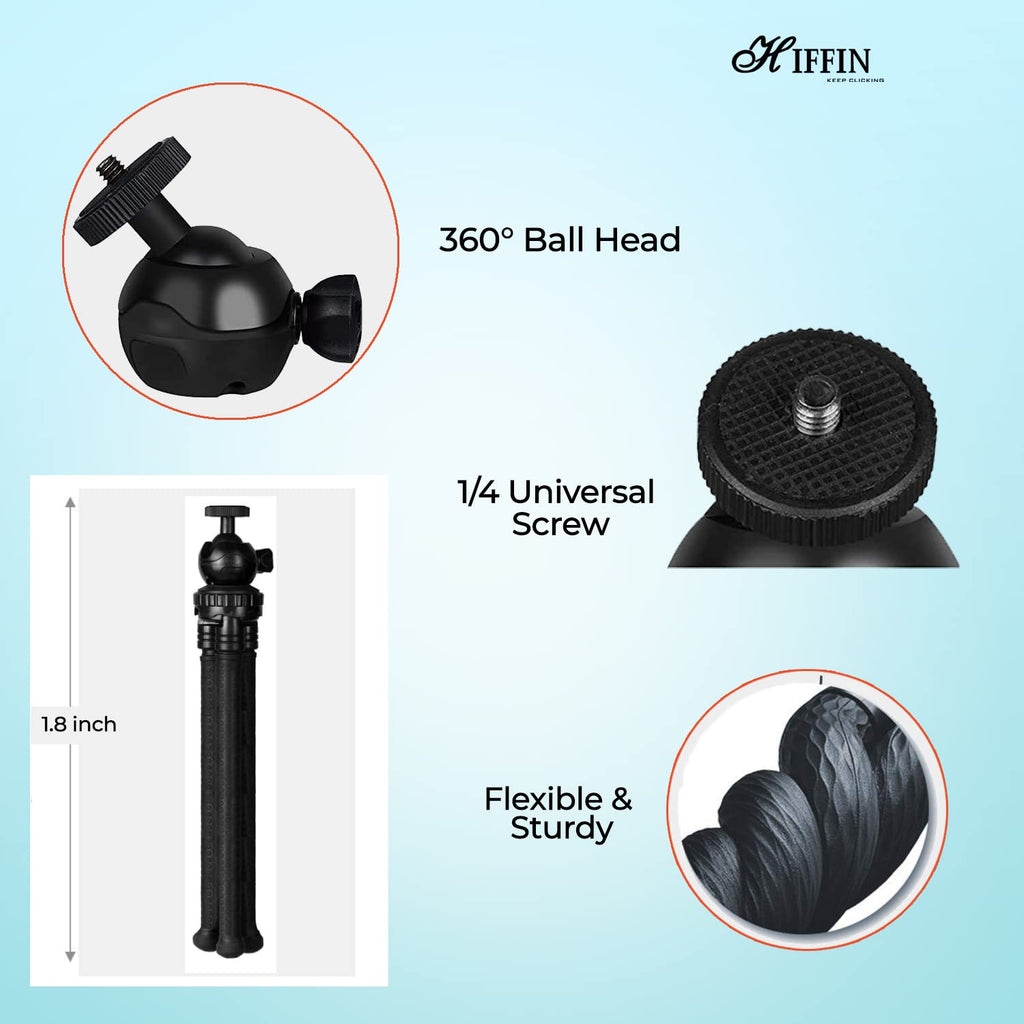 HIFFIN Flexible Gorillapod Tripod with 360° Rotating Ball Head Tripod for All DSLR Cameras(Max Load 2.5 kgs) & Mobile Phones + Free Heavy Duty Mobile Holder(Black) (12 Inch, Black)